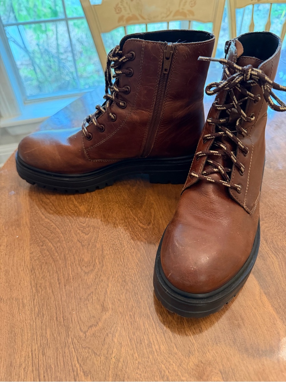 Skechers Brown Leather Lace-Up Zipper Combat Boots Chunky Sole vintage style
